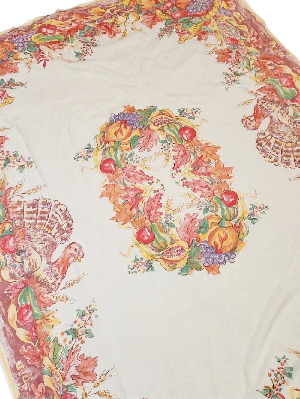 Vintage Thanksgiving Tablecloth Harvest Turkey Pumpkin Fruit 53